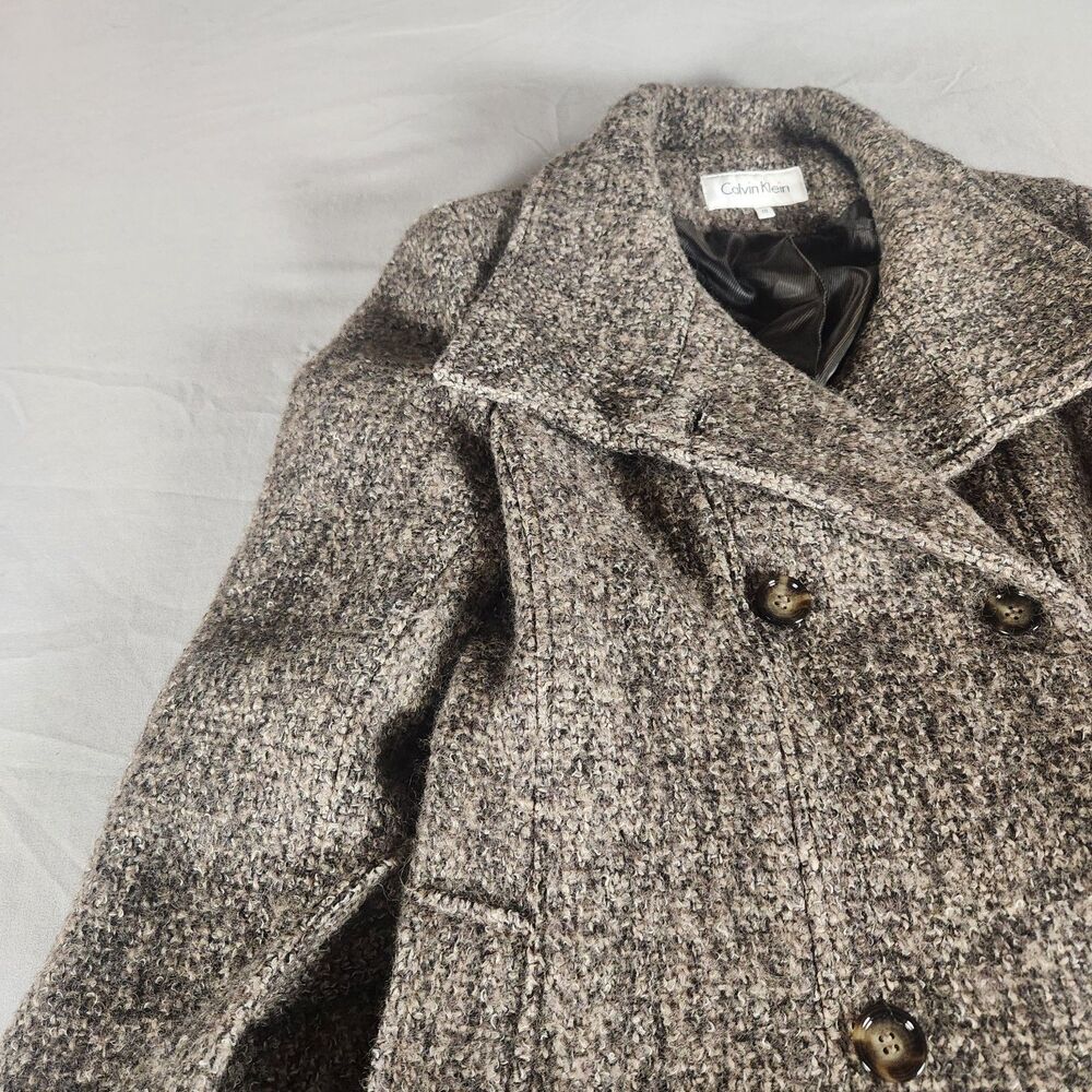 Calvin Klein Wool Blend Peacoat Jacket Womens Size 10 Brown Belted - Picture 2 of 11